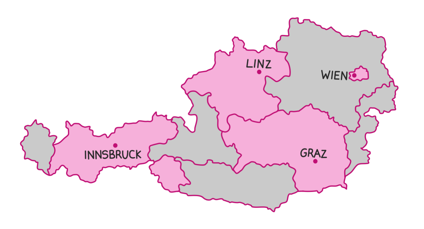 Karte von Österreich mit den Städten, in denen öffentlich Medizin studiert werden kann: Wien, Graz, Linz, Innsbruck.