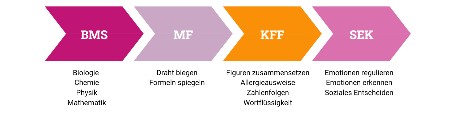 Übersicht der Teilbereiche des MedAT-Z: BMS (Biologie, Chemie, Physik, Mathematik), MF (Draht biegen, Formeln spiegeln), KFF (Figuren zusammensetzen, Allergieausweise, Zahlenfolgen, Wortflüssigkeit) und SEK (Emotionen regulieren, Emotionen erkennen, Soziales Entscheiden).
