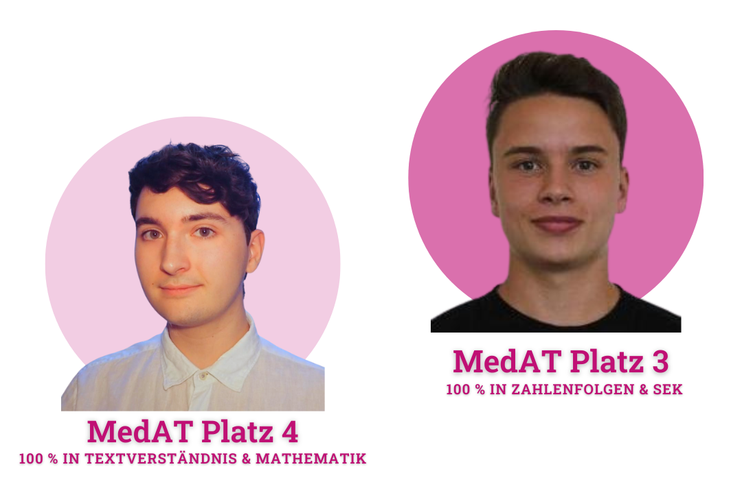 Foto von Student Valentin, 100 % in Textverständnis und MedAT Platz 4 und Max, MedAT Platz 3 und 100 % in Zahlenfolgen und SEK