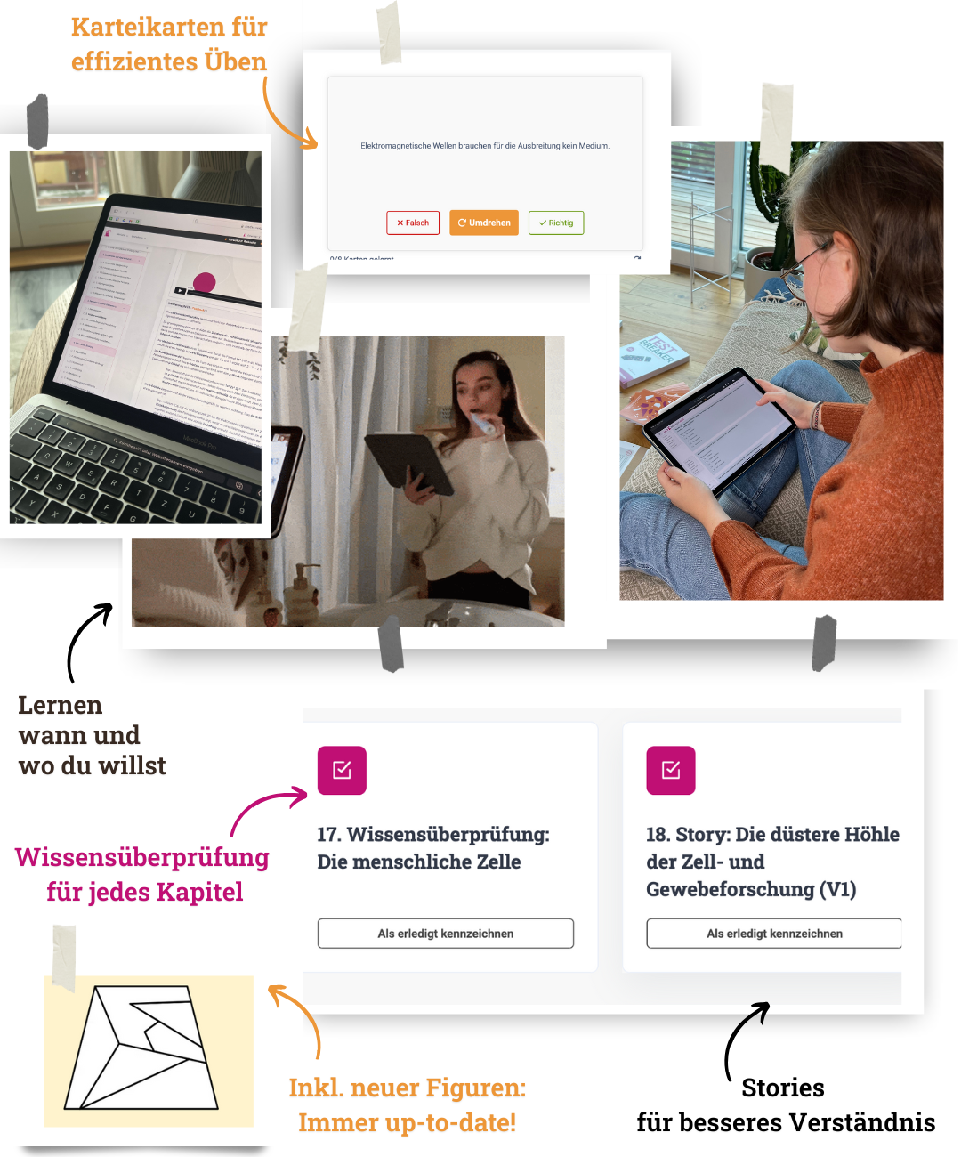 Verschiedene digitale Lernangebote zur MedAT-Vorbereitung: Laptop mit MEDBREAKER ONE Plattform, Personen, die MEDBREAKER ONE zuhause verwenden, beim Zähneputzen oder auf der Couch. Man sieht Lernunterlagen und Online-Kurs auf dem Bildschirm. Darstellung des Erfolgskurses inklusive E-Learning und interaktiven Materialien.