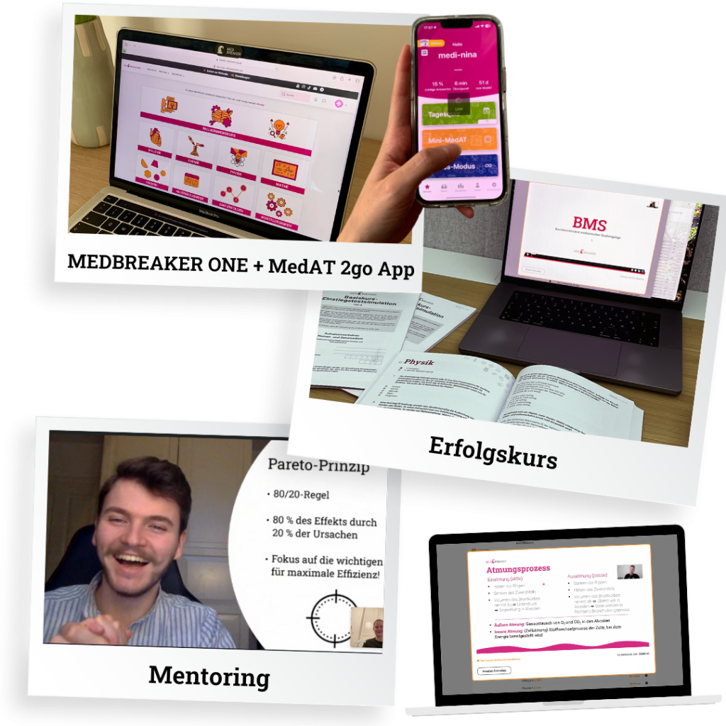 Verschiedene digitale Lernangebote zur MedAT-Vorbereitung: Laptop mit MEDBREAKER ONE Plattform, Smartphone mit MedAT 2go App, Lernunterlagen und Online-Kurs auf dem Bildschirm. Darstellung des Erfolgskurses inklusive E-Learning und interaktiven Materialien.