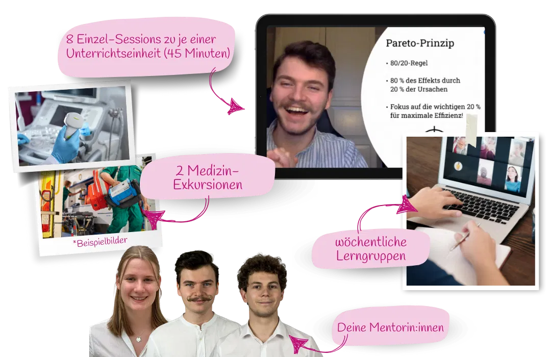 Interaktive MedAT-Nachhilfe mit 8 Einzel-Sessions, medizinischen Exkursionen, wöchentlichen Lerngruppen und persönlicher Betreuung durch Mentor:innen zur optimalen Vorbereitung auf den MedAT.