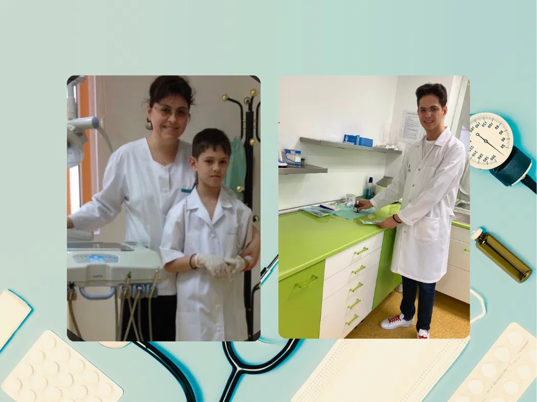 Zwei Fotos nebeneinander zeigen einen jungen Mann in weißem Arztkittel, einmal als Kind mit einer Ärztin in einer Zahnarztpraxis, und einmal als Erwachsener in einem modernen medizinischen Labor. Das Design enthält medizinische Geräte wie Stethoskope und Spritzen im Hintergrund. Das Bild illustriert einen Werdegang im medizinischen Bereich – von der Kindheit bis zum jungen Erwachsenen.