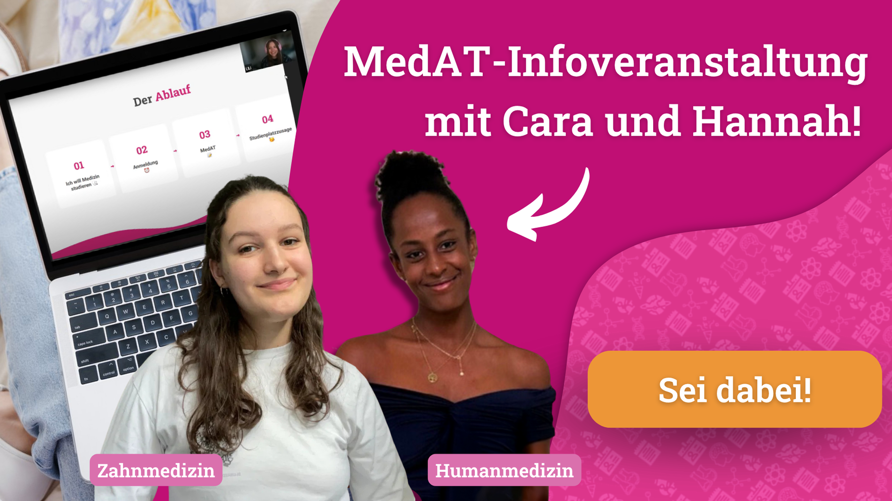 Design-Element zur Bewerbung des MedAT-Infoevents mit Studentin Hannah und Studentin Cara